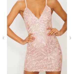Dusty Pink Embroidered Lace Detail Bodycon Dress